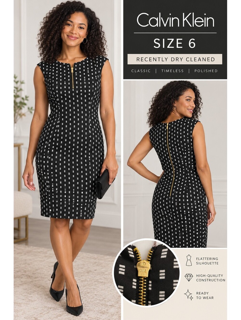Calvin Klein 6 Black White Geometric Sheath Dress